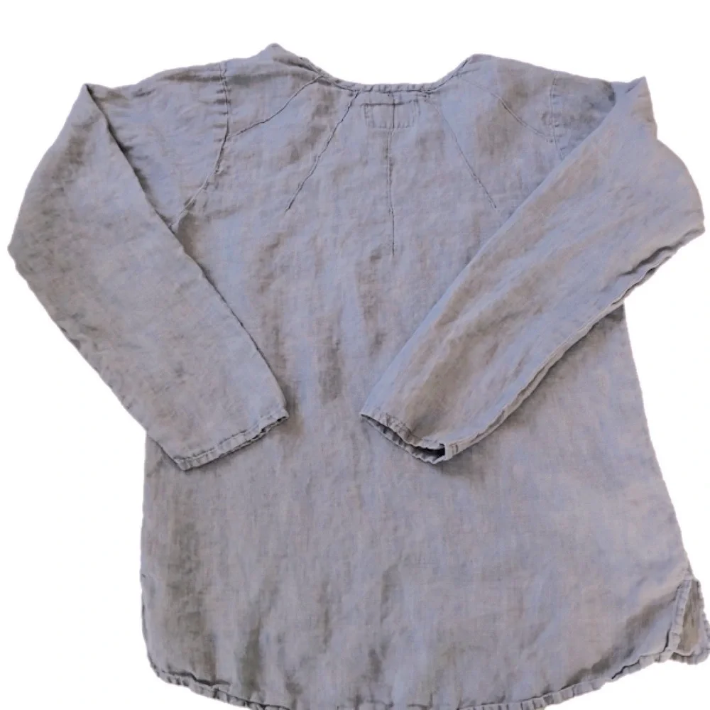 Flax Blue Tunic Minimalist 100% Linen Long Sleeves w/ Pintuck Detail Sz SP - Picture 8 of 11